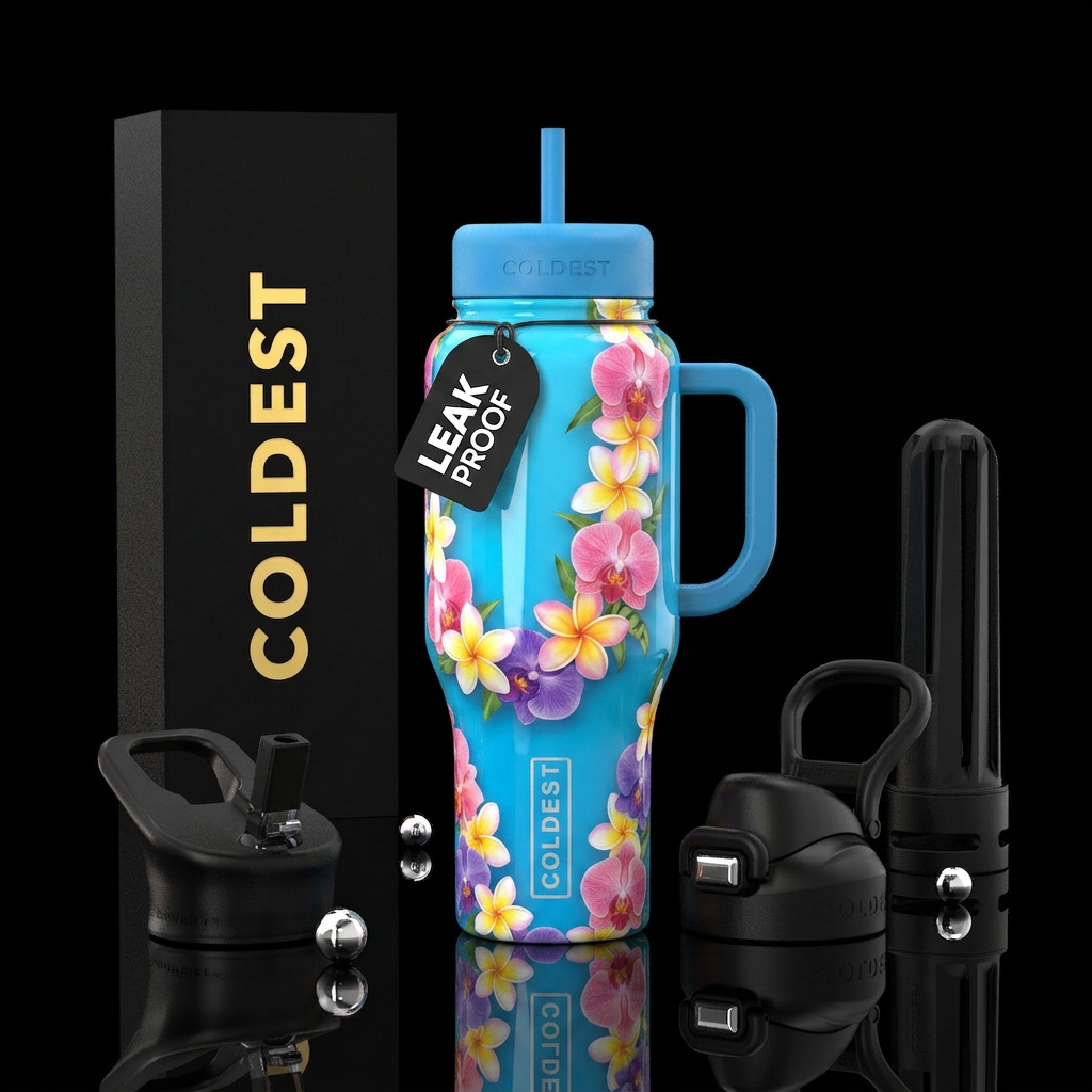Hawaiian blue background Hawaiian leid glossy, tro... water bottle design