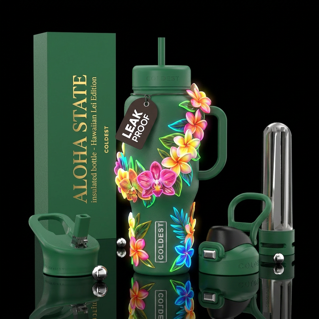 Hawaiian green background Hawaiian leid glossy, tr... water bottle design