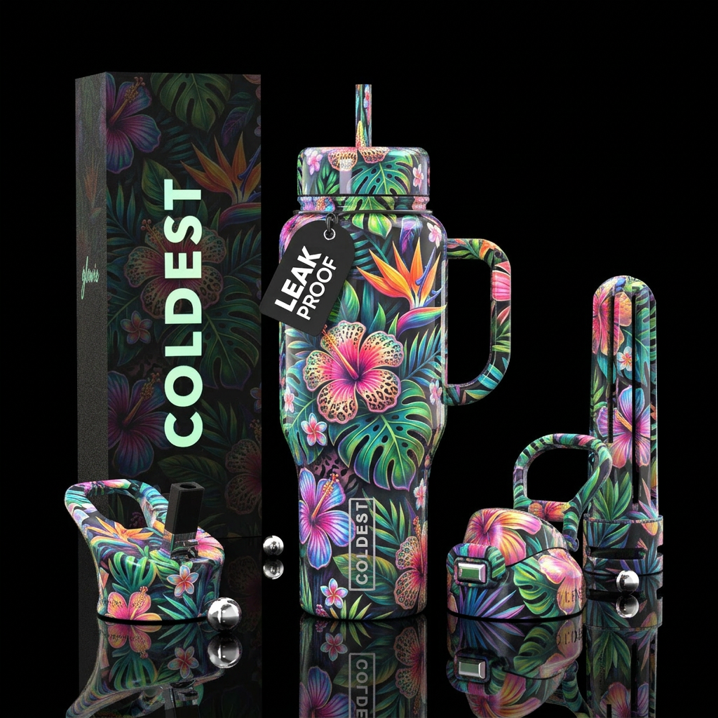 Aloha, sassy,glossy, trompe-l'œil , glowie, water bottle design