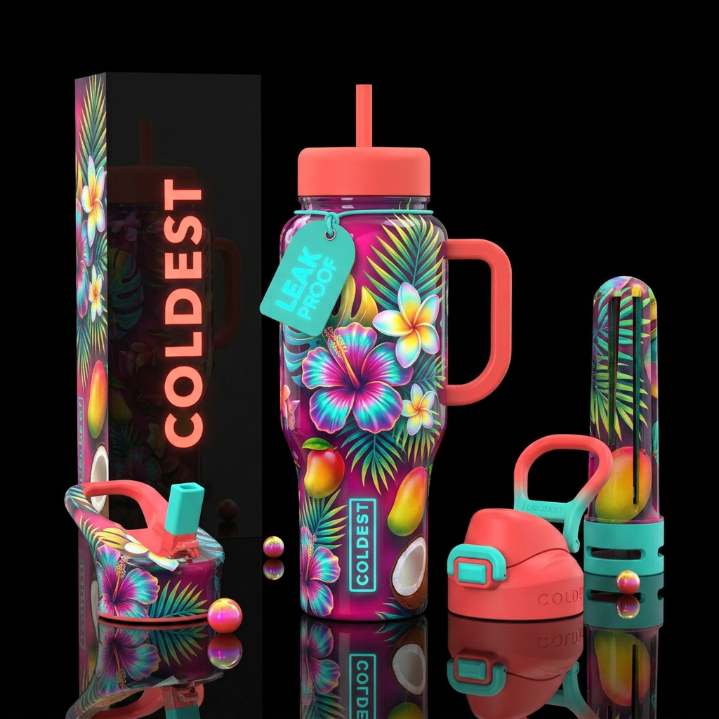 Aloha, sassy,glossy, trompe-l'œil , glowie, water bottle design