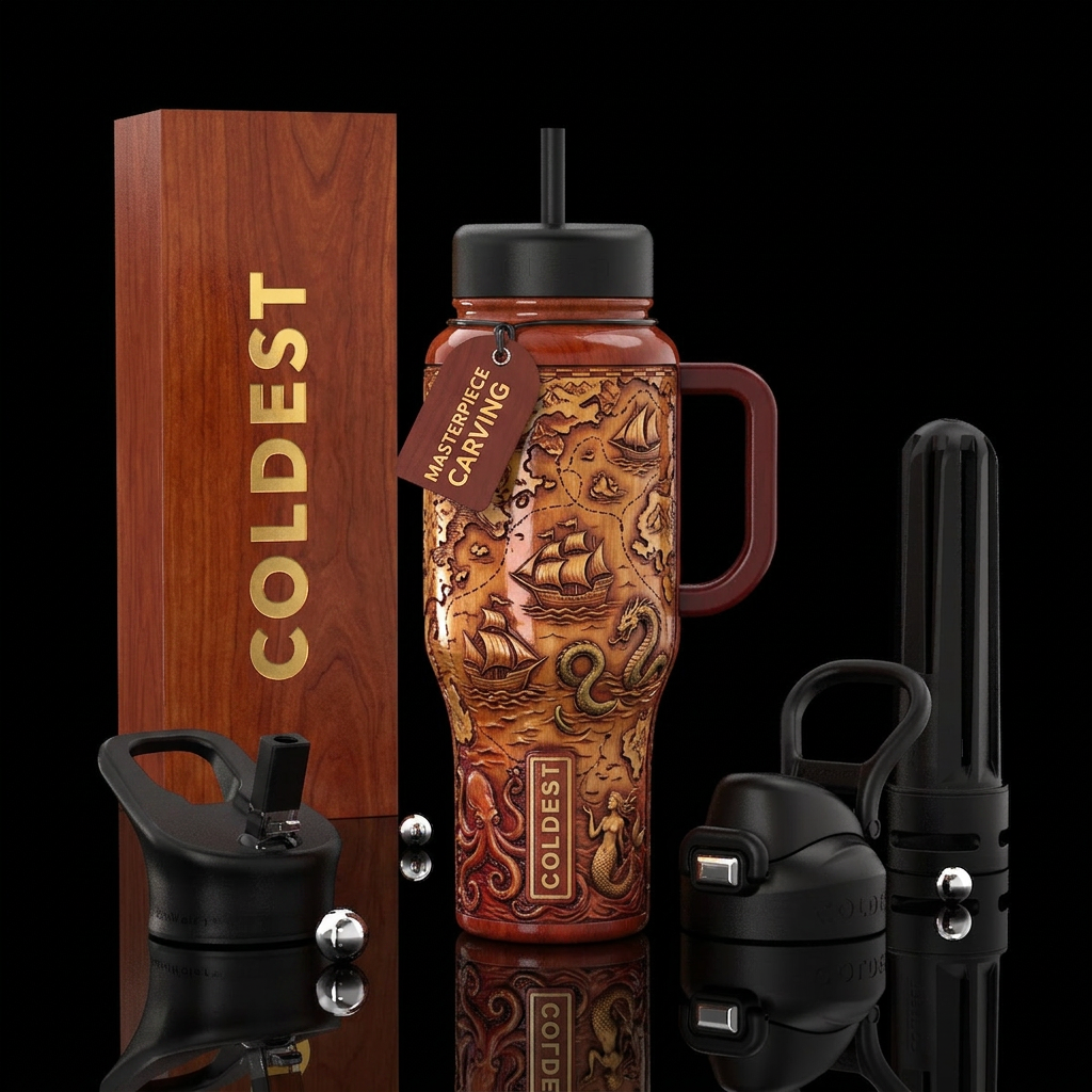 Cherry wood stained, carved skipper ships on map w... water bottle design