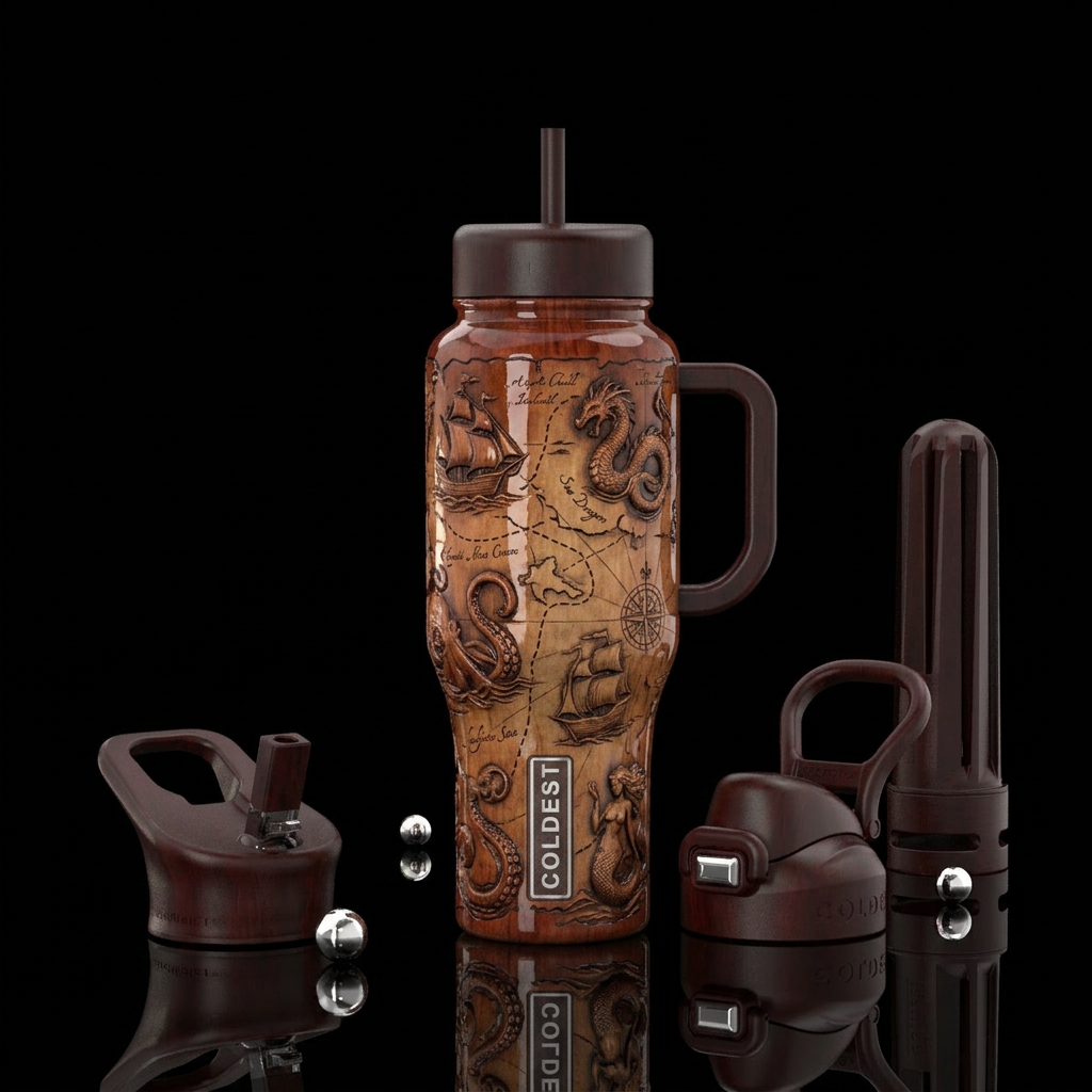 Cherry wood stained, carved skipper ships on map w... water bottle design