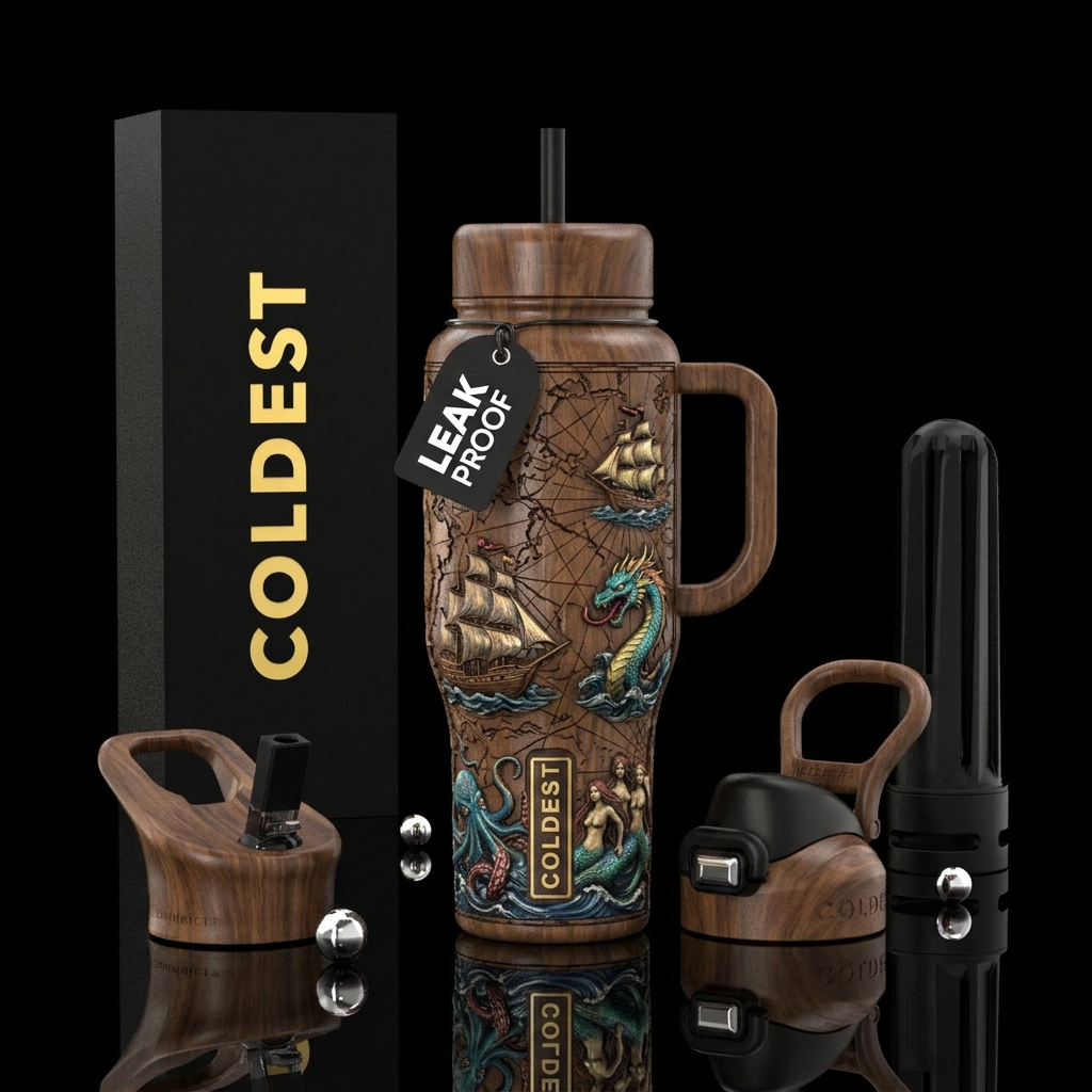 Walnut wood stained, carved skipper ships on map w... water bottle design