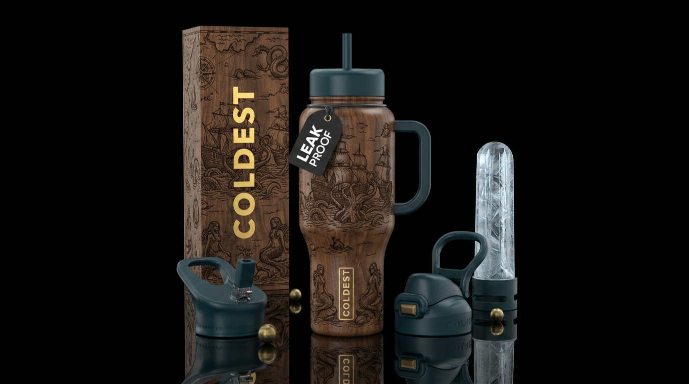 Walnut wood stained, carved skipper ships on map w... water bottle design