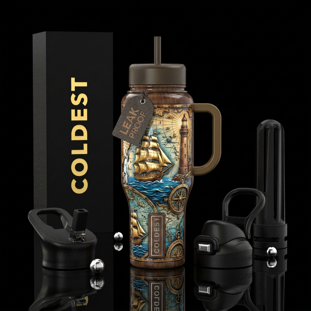 Walnut wood stained, carved skipper ships on map w... water bottle design