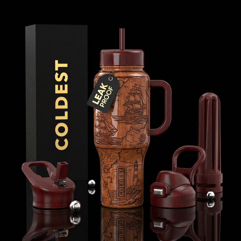 Cherry wood stained, carved skipper ships on map w... water bottle design