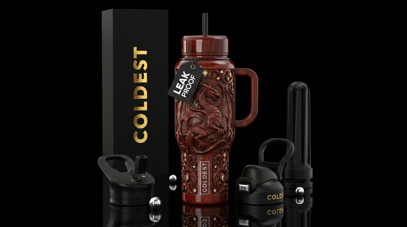 Cherry wood stained, carved western dragon,glossy,... water bottle design