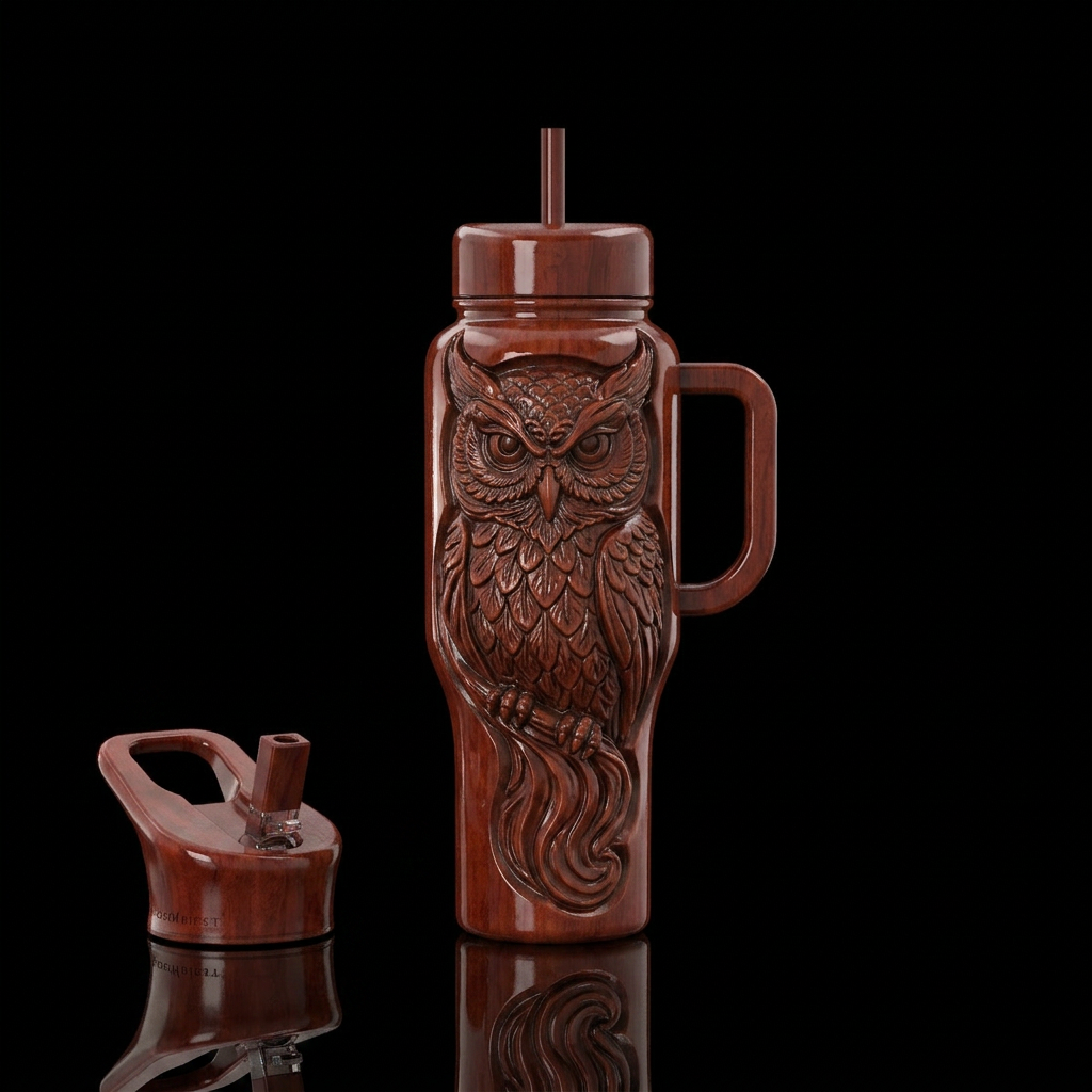 Cherry wood stained, carved owl,glossy, trompe-l'œ... water bottle design
