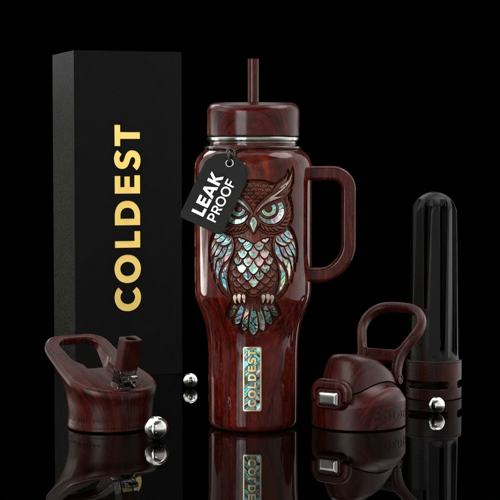 Cherry wood stained, carved owl,glossy, trompe-l'œ... water bottle design