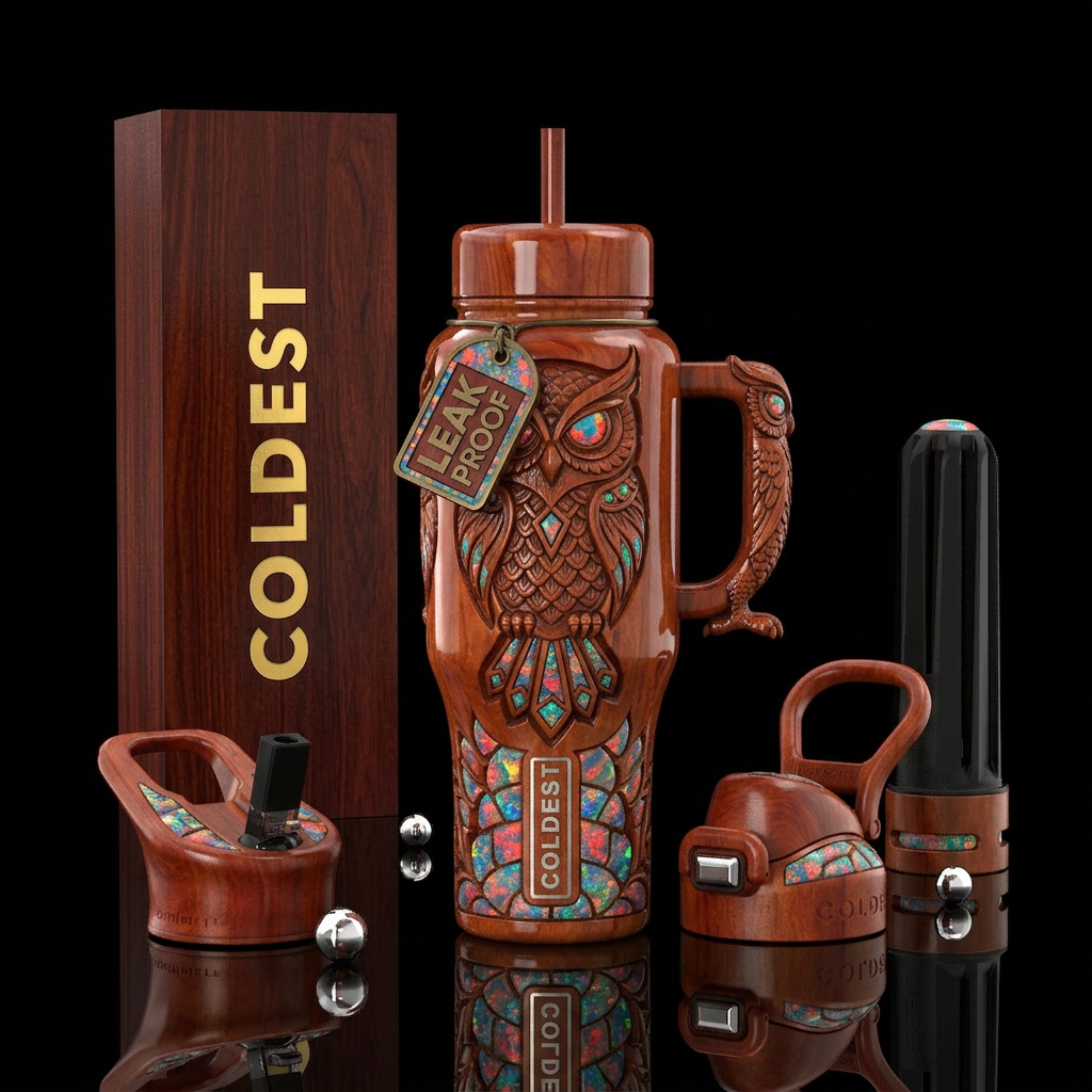 Cherry wood stained, carved owl,glossy, trompe-l'œ... water bottle design