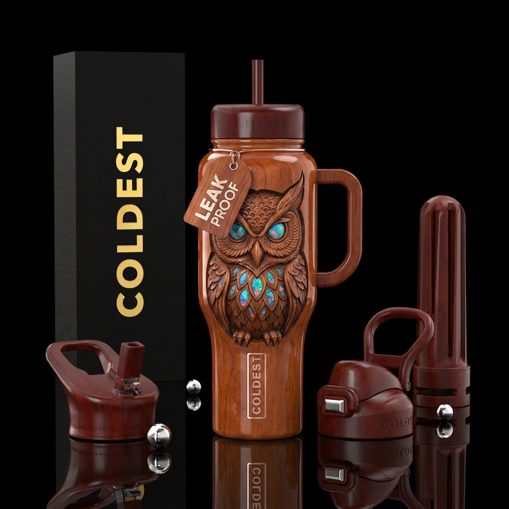 Cherry wood stained, carved owl,glossy, trompe-l'œ... water bottle design