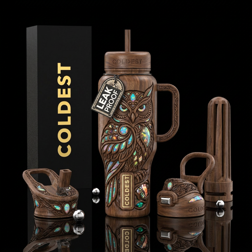 Walnut wood stained, carved owl,glossy, trompe-l'œ... water bottle design