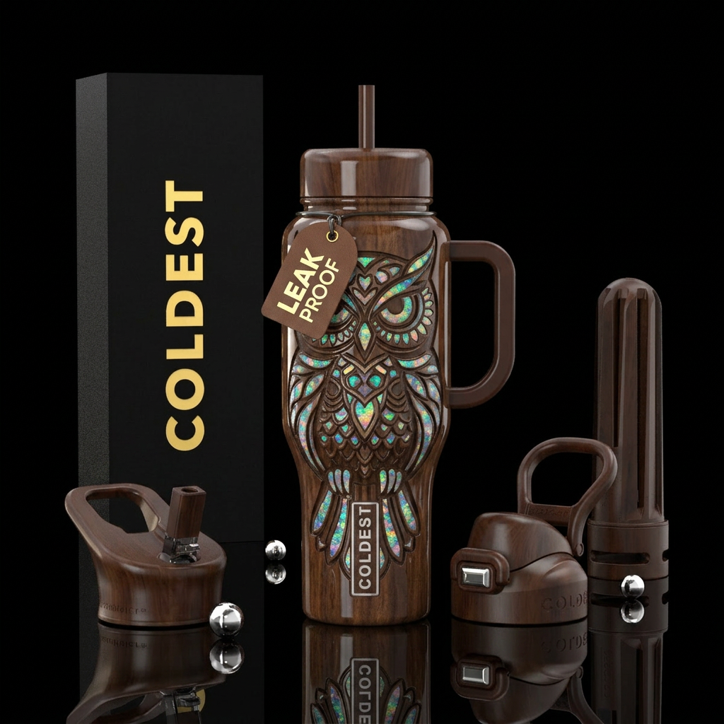 Walnut wood stained, carved owl,glossy, trompe-l'œ... water bottle design