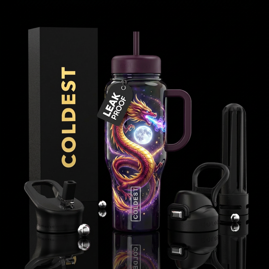 Flamboyant beautiful flying dragon, full moon, glo... water bottle design