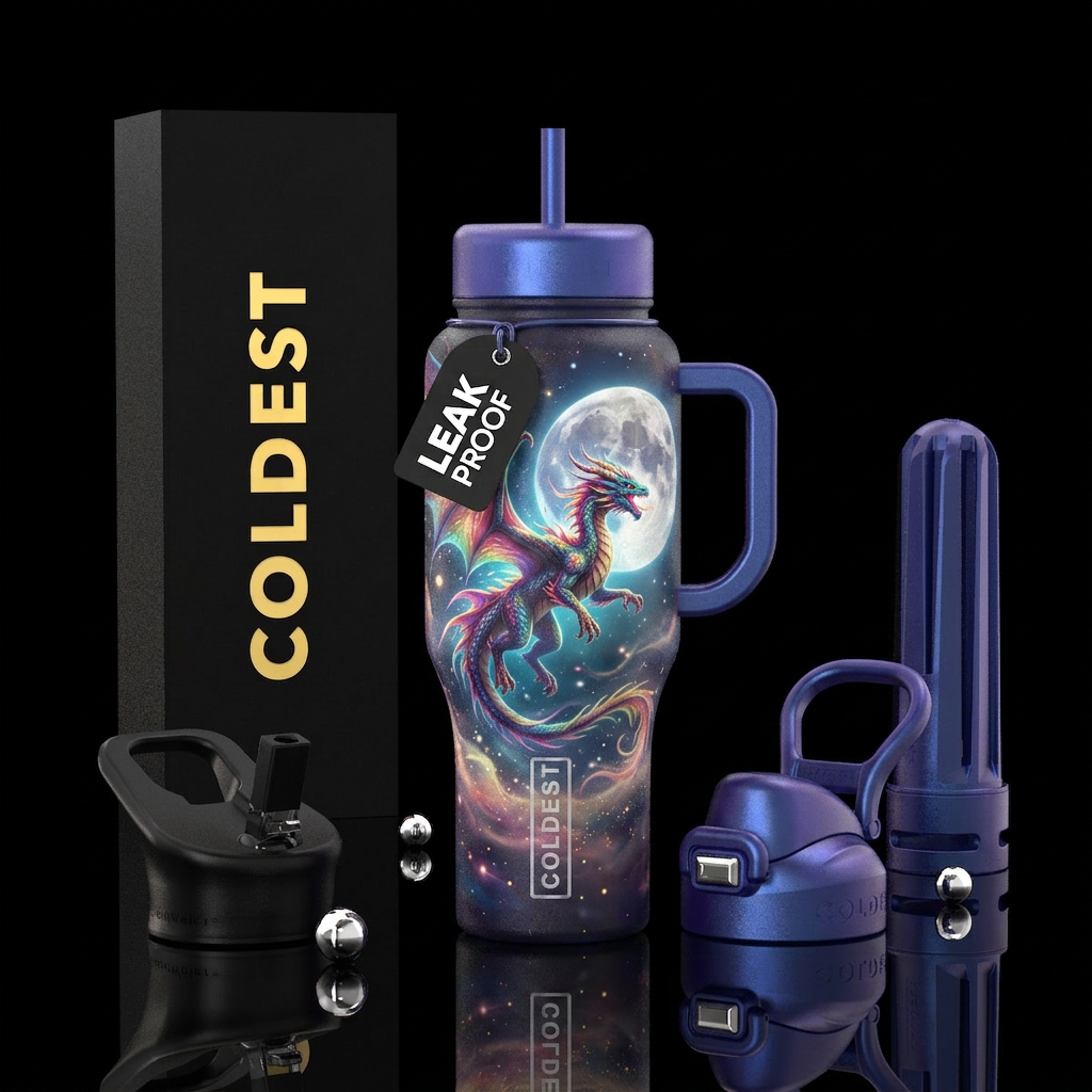 Flamboyant beautiful flying dragon, full moon, glo... water bottle design