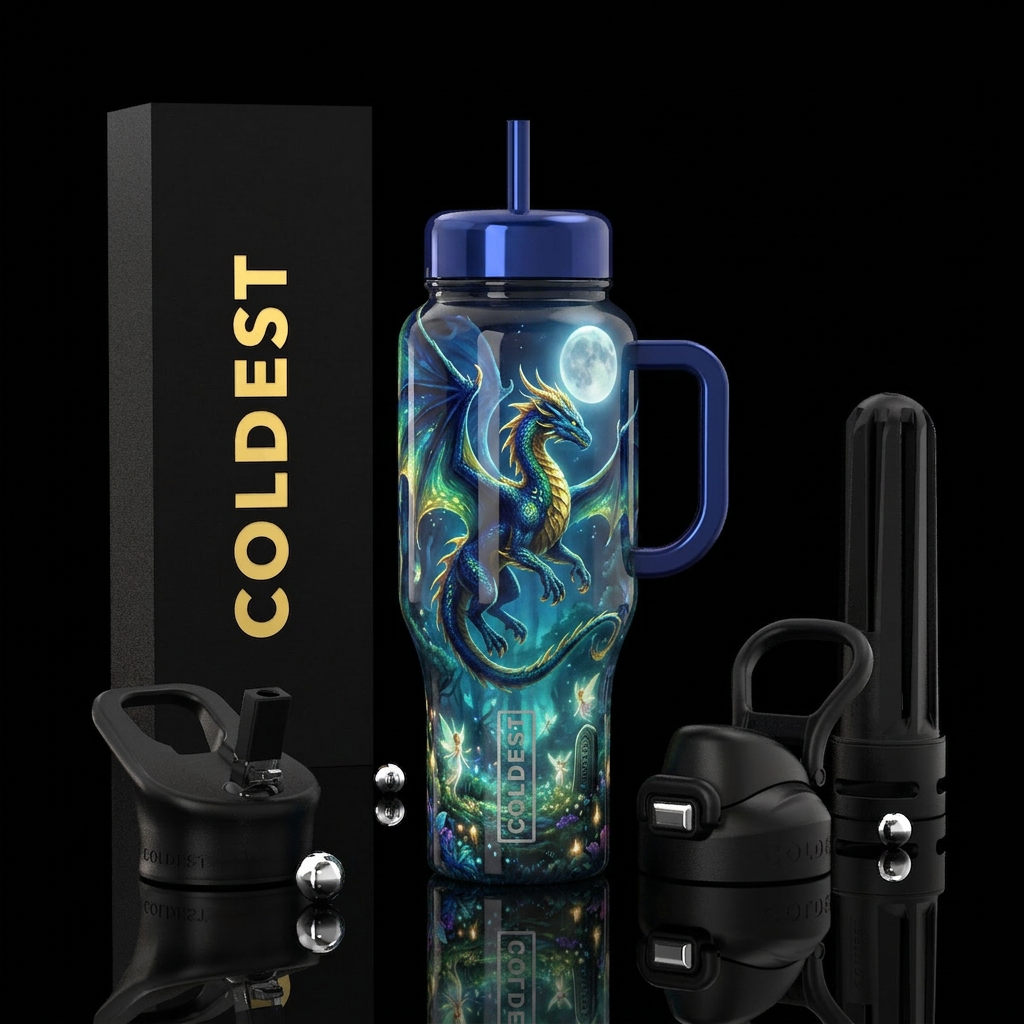 Flamboyant beautiful flying dragon, full moon, glo... water bottle design