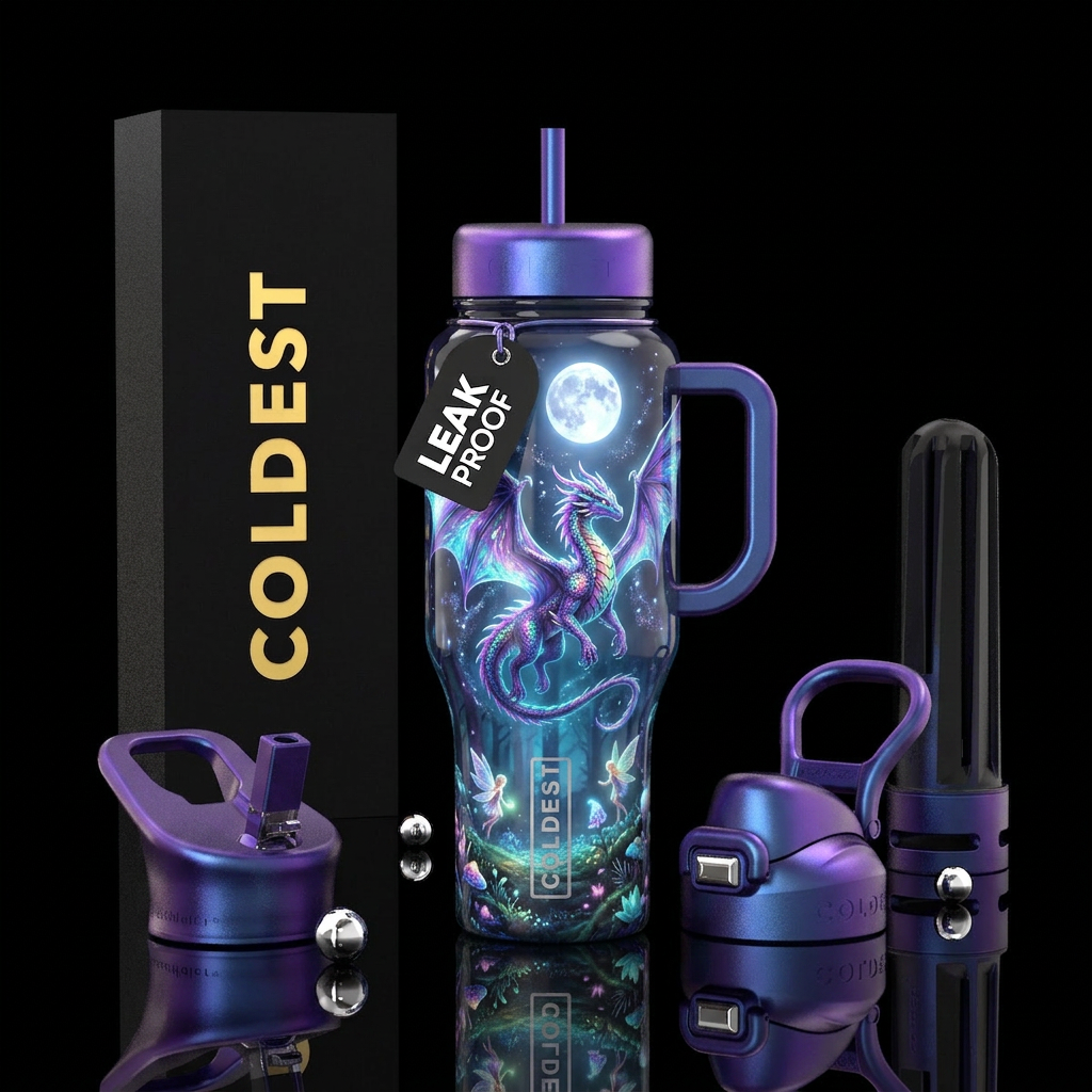 Flamboyant beautiful flying dragon, full moon, glo... water bottle design