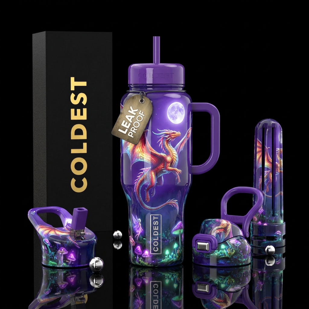 Flamboyant beautiful flying dragon, full moon, glo... water bottle design