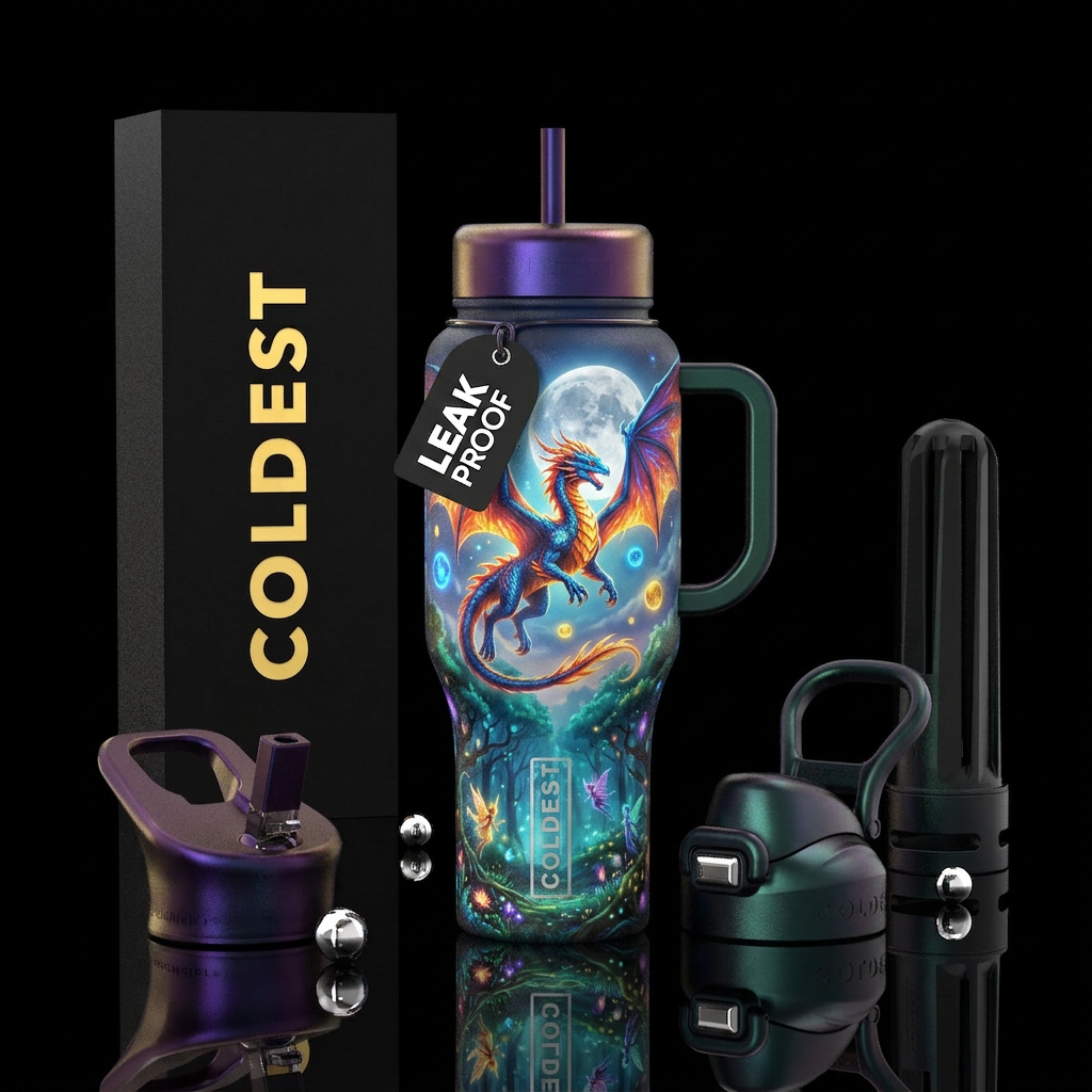Flamboyant beautiful flying dragon, full moon, glo... water bottle design