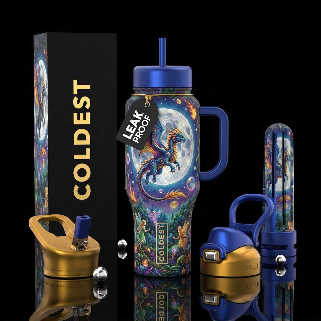 Flamboyant beautiful flying baby dragon, full moon... water bottle design
