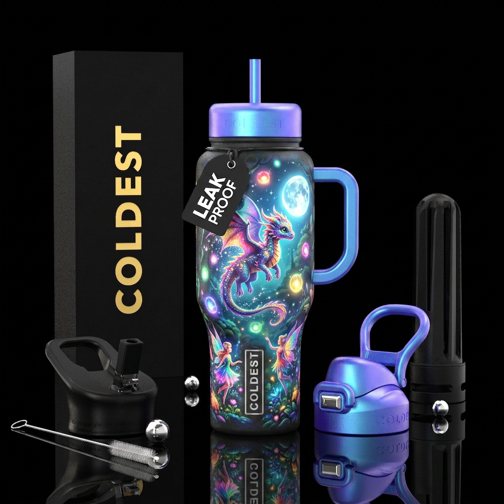 Flamboyant beautiful flying baby dragon, full moon... water bottle design