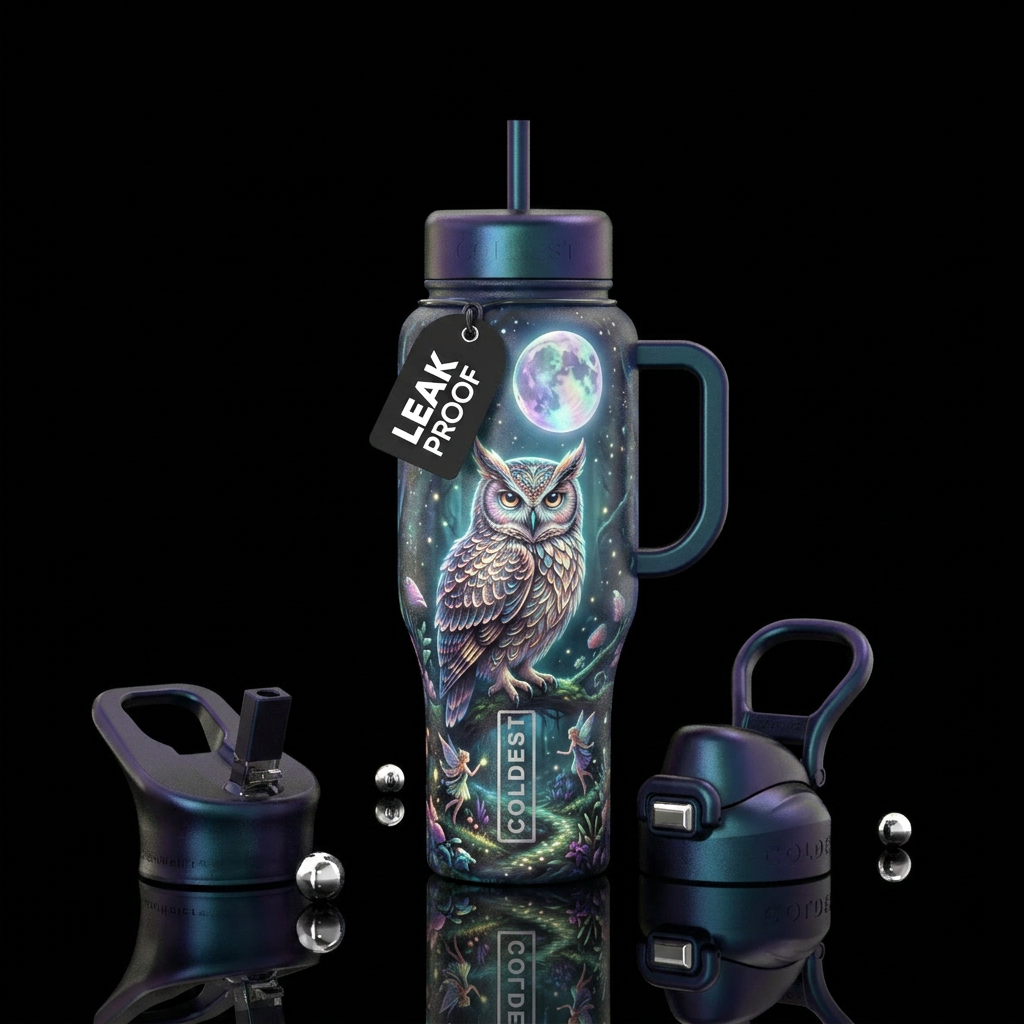 Flamboyant beautiful owl, full moon, glossy, tromp... water bottle design