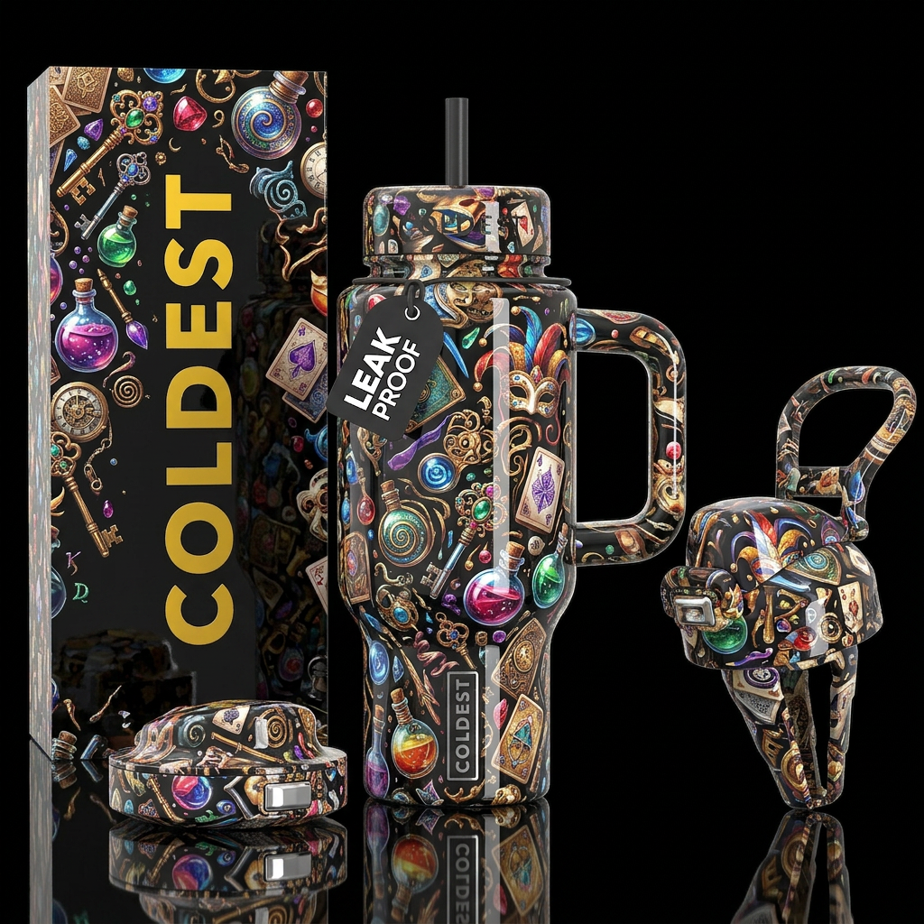 Flamboyant magic and mischief, glossy, trompe-l'œi... water bottle design