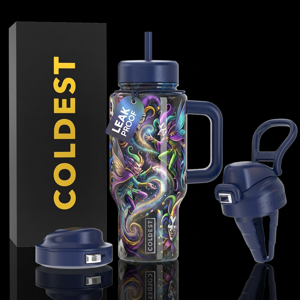 Flamboyant magic and mischief, glossy, trompe-l'œi... water bottle design