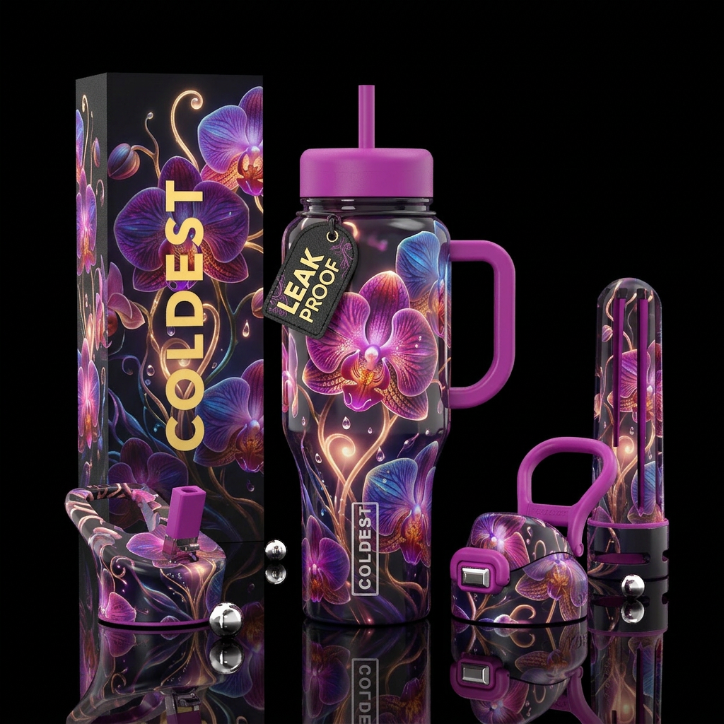 Orchid fantasy dream, glossy, trompe-l'œil, glowie water bottle design