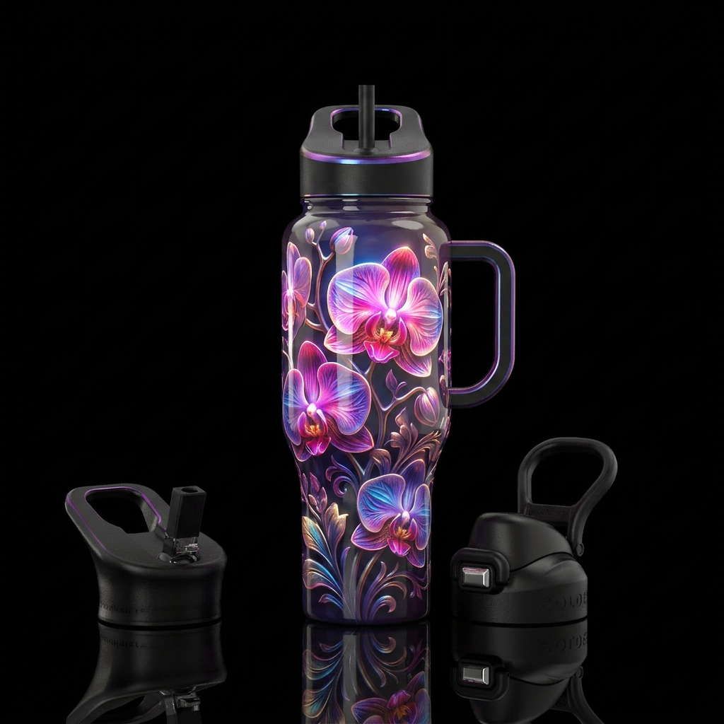 Orchid fantasy dream, glossy, trompe-l'œil, glowie water bottle design