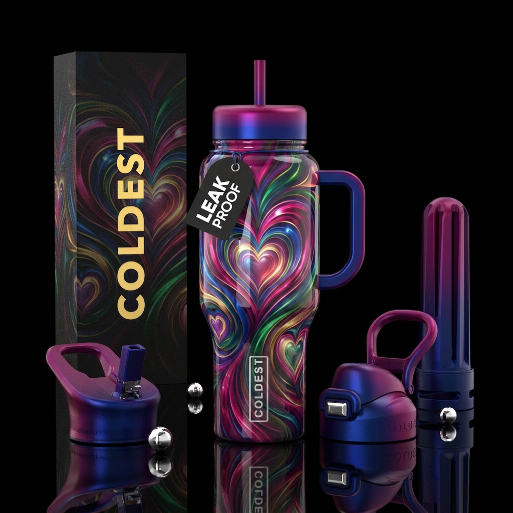 Heart fantasy dream, glossy, trompe-l'œil, glowie water bottle design