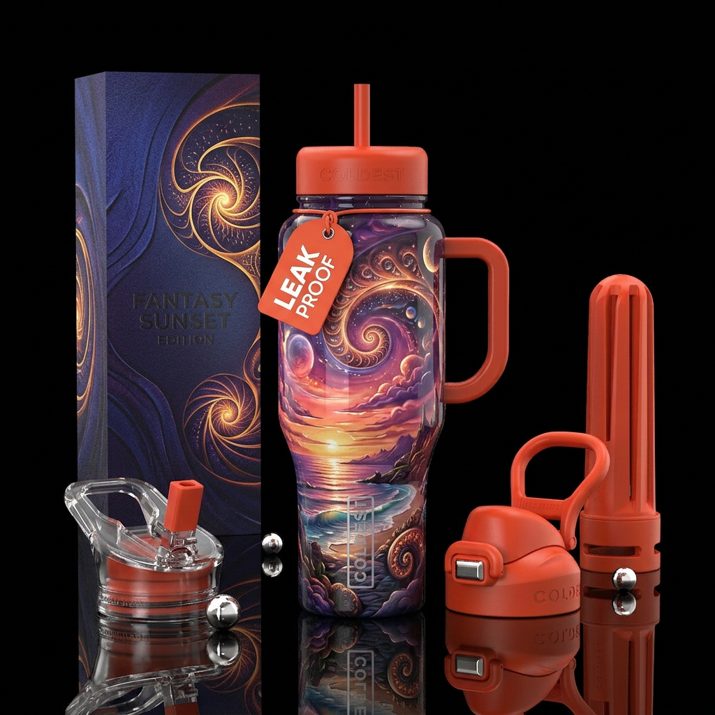 Sunset fantasy dream, glossy, trompe-l'œil, glowie... water bottle design