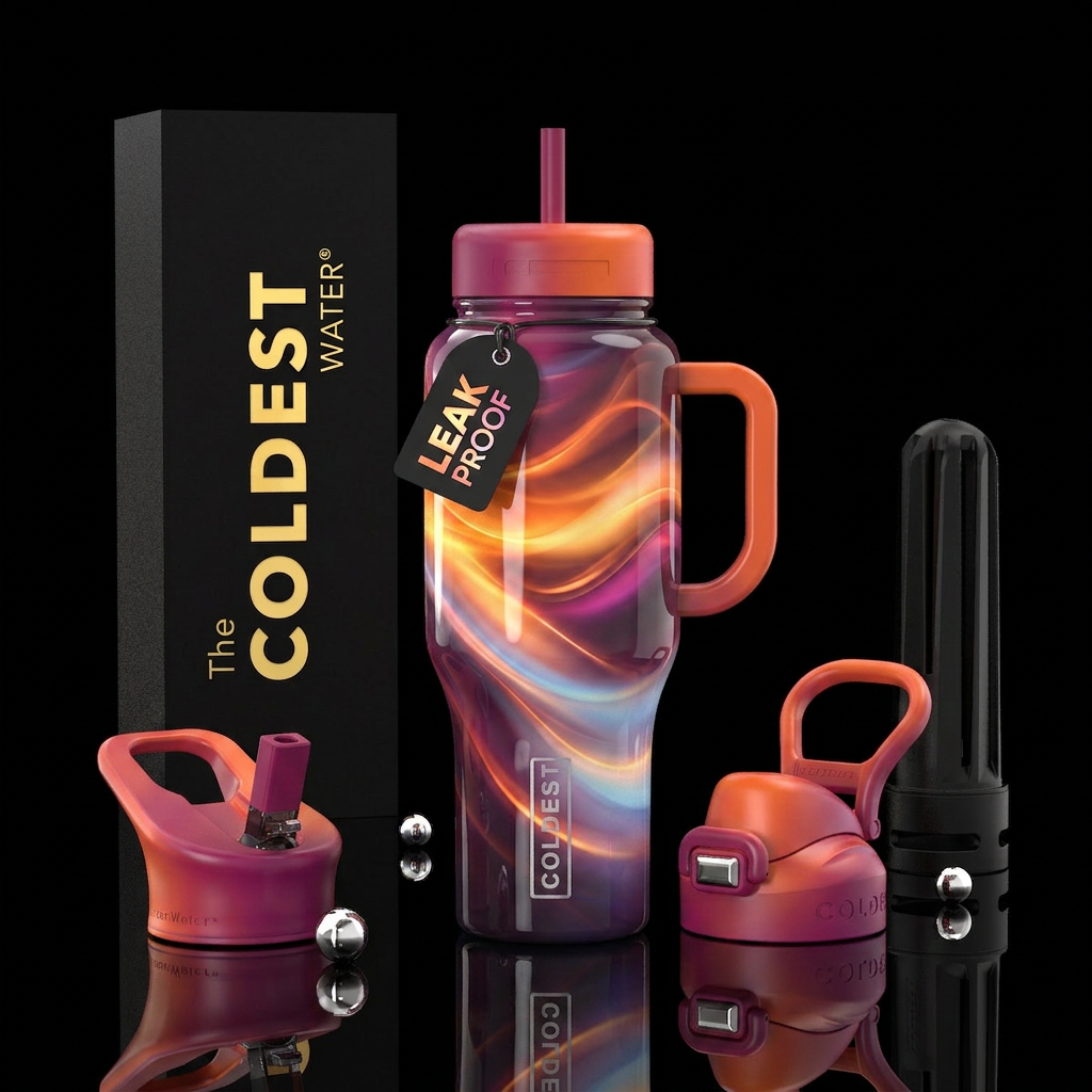 Sunset fantasy dream, glossy, trompe-l'œil, glowie... water bottle design