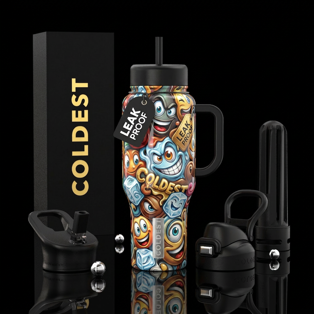 Mischievous, glossy, trompe-l'œil water bottle design