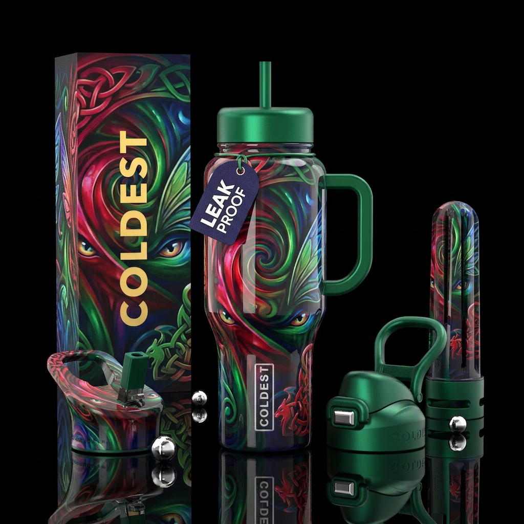 Mischievous, glossy, trompe-l'œil, alluring, folkl... water bottle design