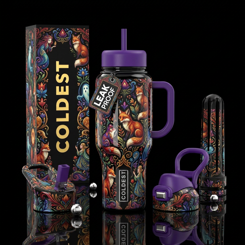 Mischievous, glossy, trompe-l'œil, alluring, folkl... water bottle design