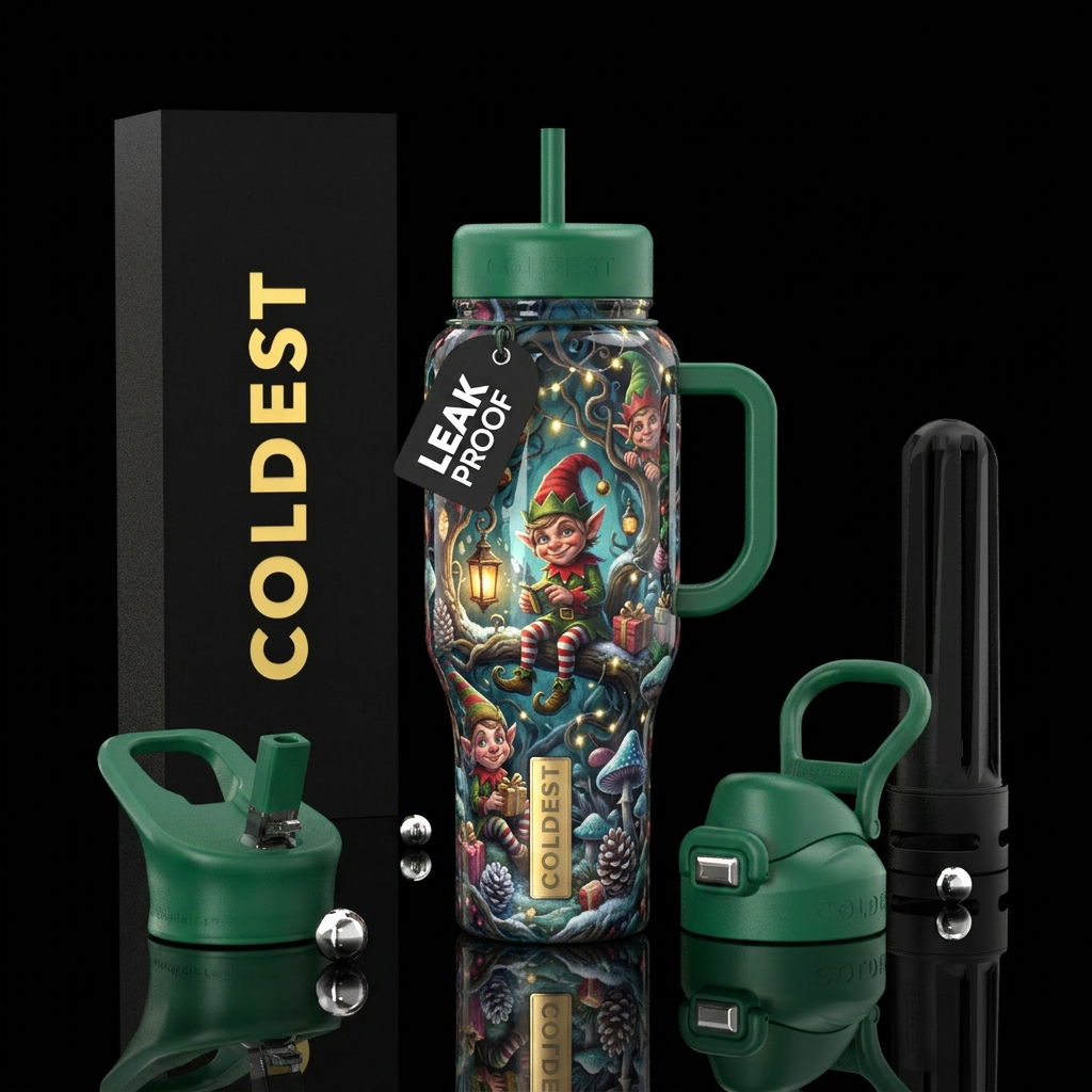 Christmas Elvin Mischievous, glossy, trompe-l'œil,... water bottle design