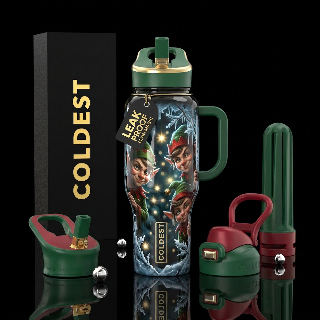 Christmas Elvin Mischievous, glossy, trompe-l'œil,... water bottle design