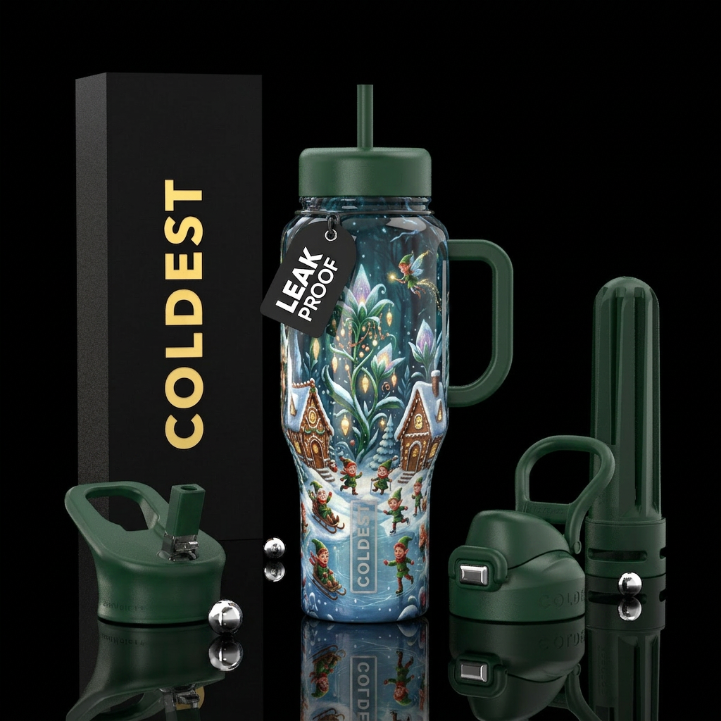 Christmas Elvin folly, glossy, trompe-l'œil, allur... water bottle design