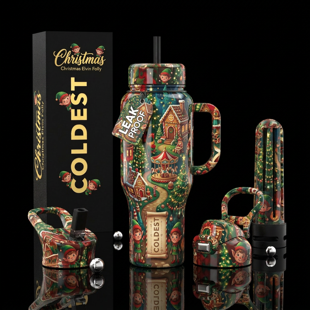 Christmas Elvin folly, glossy, trompe-l'œil, allur... water bottle design