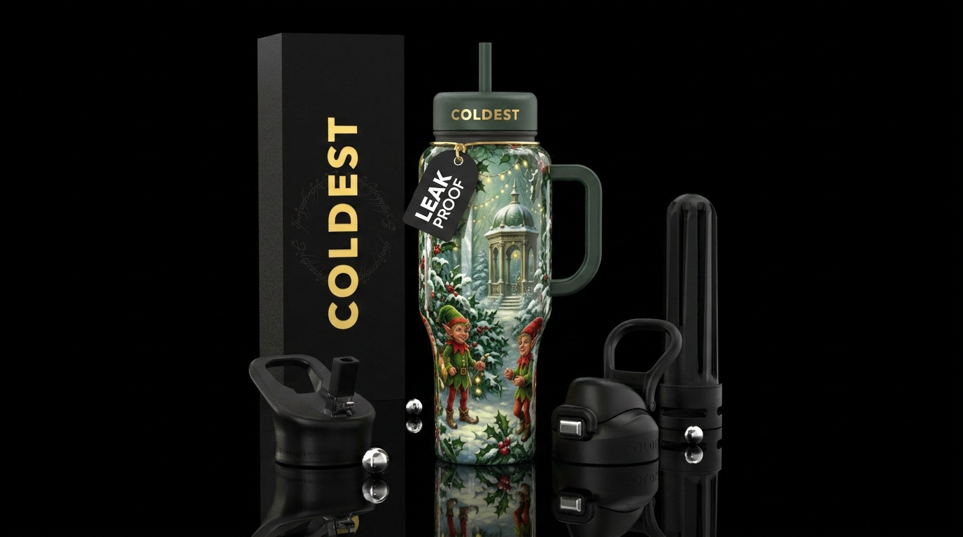 Christmas Elvin folly, glossy, trompe-l'œil, allur... water bottle design