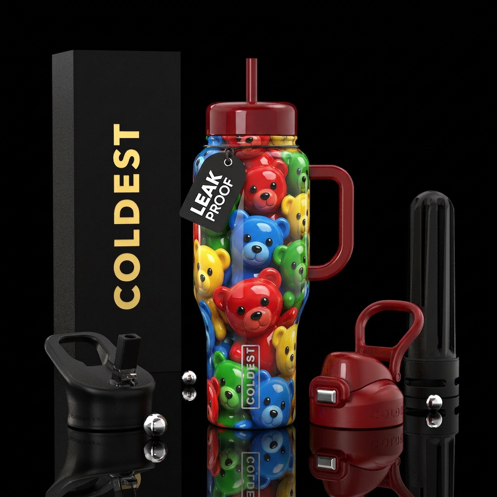 Cute teddy bears, glossy, trompe-l'œil, detailed water bottle design