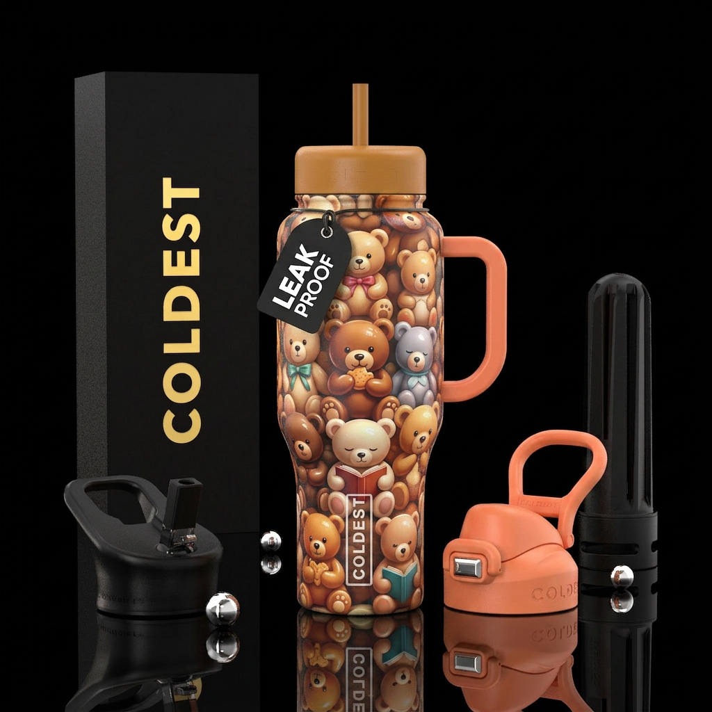 Cute teddy bears, glossy, trompe-l'œil, detailed, ... water bottle design