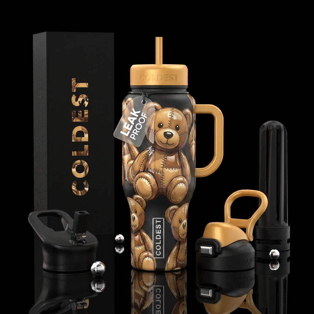 Cute teddy bears, glossy, trompe-l'œil, detailed, ... water bottle design