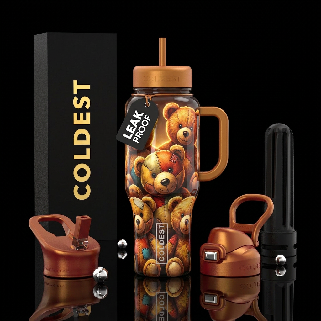 Cute teddy bears, glossy, trompe-l'œil, detailed, ... water bottle design