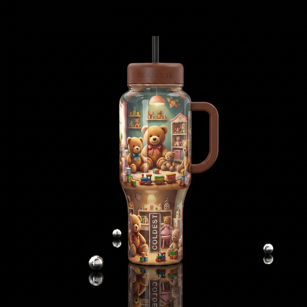 Teddy bears in toy room, cute,glossy, trompe-l'œil water bottle design