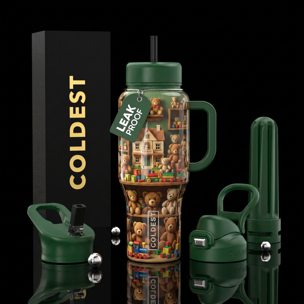 Teddy bears in toy room, cute,glossy, trompe-l'œil water bottle design