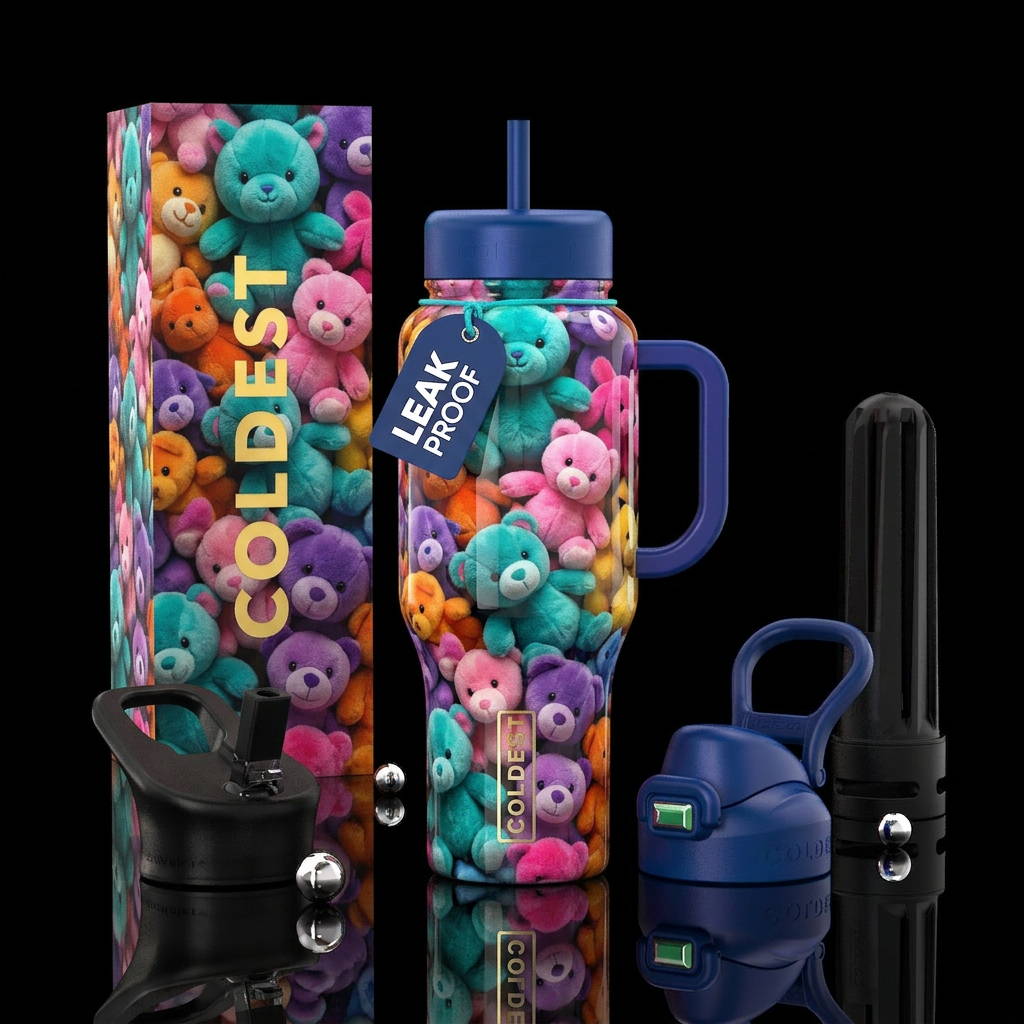 Stuffed animals, cute,glossy, trompe-l'œil water bottle design