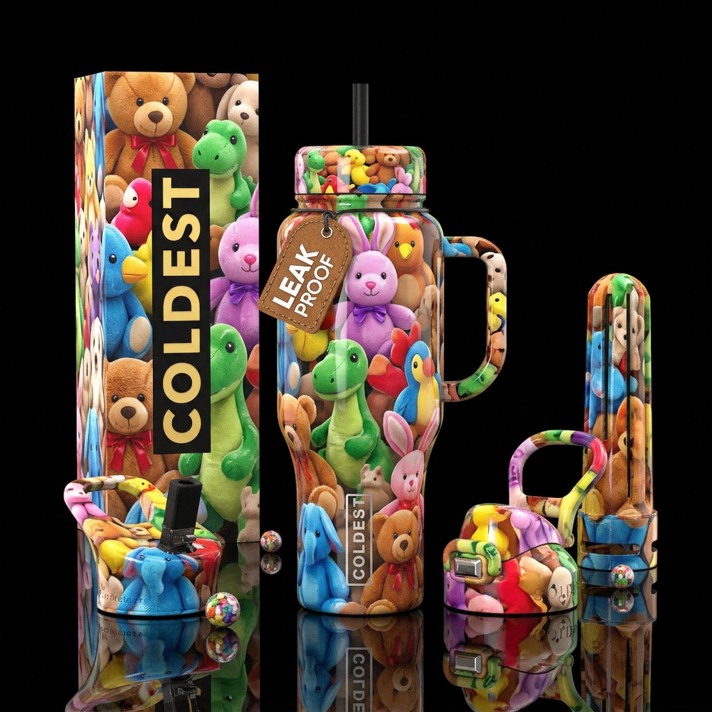 Stuffed animals, cute,glossy, trompe-l'œil water bottle design