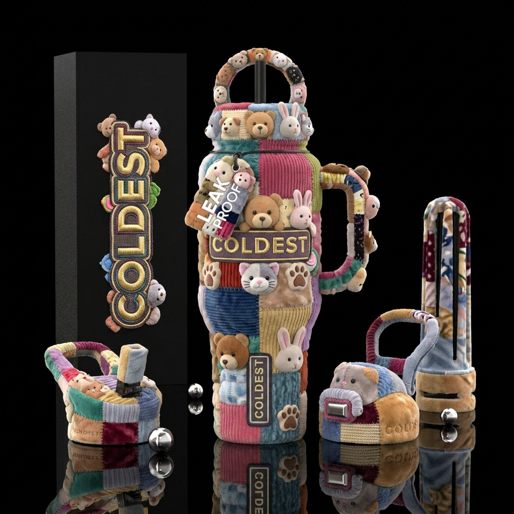 Stuffed animals, cute,glossy, trompe-l'œil,nostalg... water bottle design